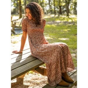 Natural Life Smocked Tiered Floral Maxi Dress M Rust Prairie Cottagecore